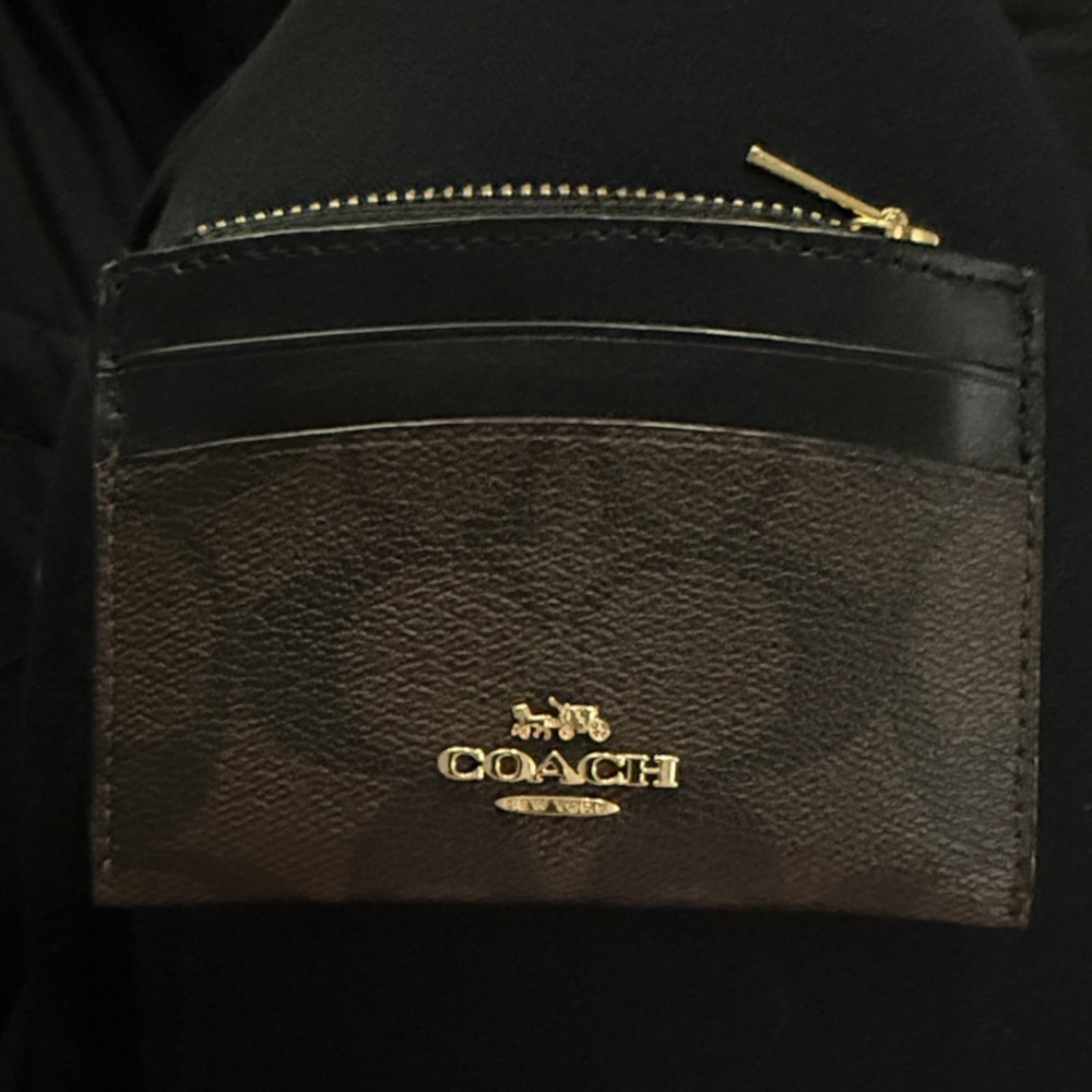 Coach Black and Brown Card Holder with Gold hardware and zipper pocket